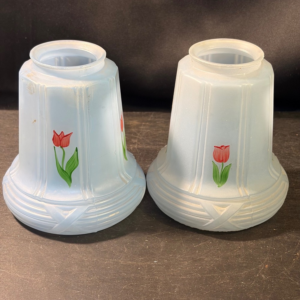 Vintage Frosted Blue Glass Lamp Shades Set of 2 Hand Painted Red Tulip 2.25 In